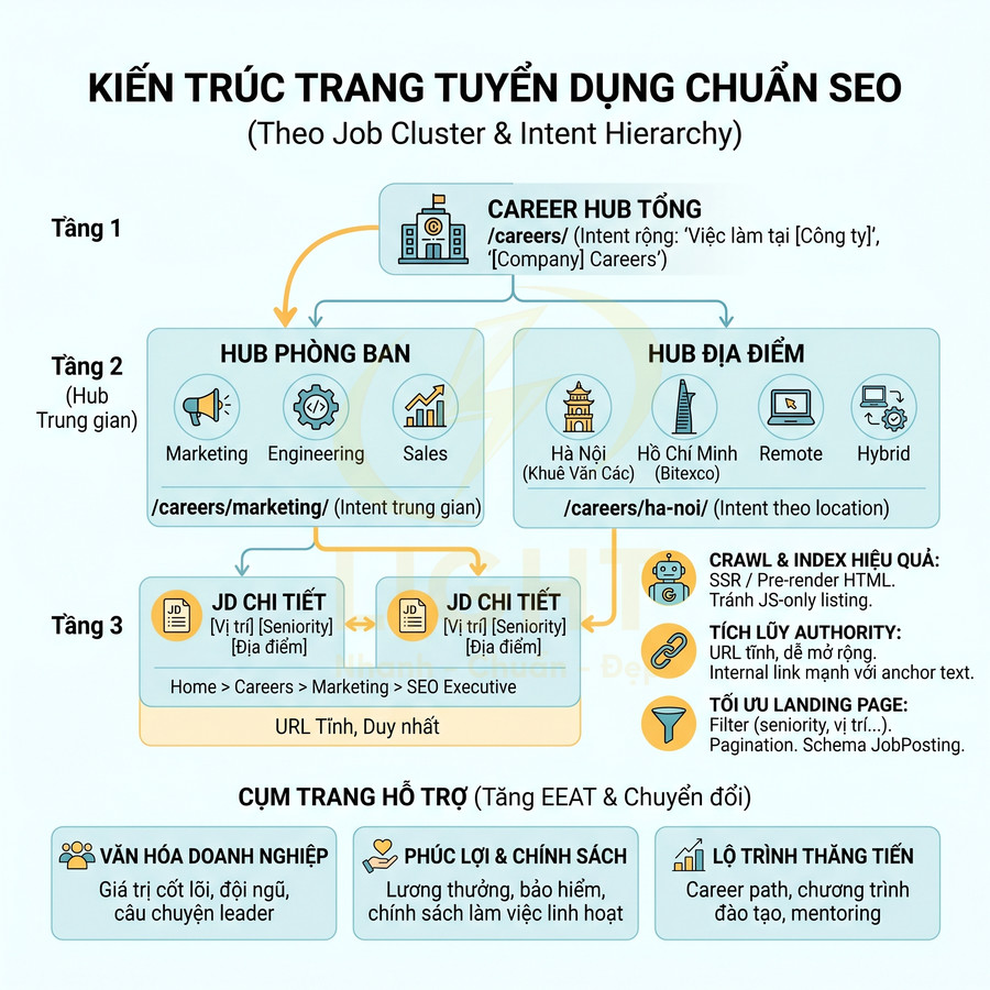 Sơ đồ kiến trúc trang tuyển dụng chuẩn SEO với career hub, hub phòng ban, hub địa điểm và JD chi tiết