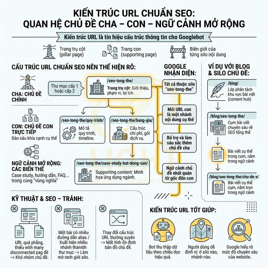 Infographic hướng dẫn cấu trúc URL chuẩn SEO theo mô hình chủ đề cha con và ngữ cảnh mở rộng cho blog và website