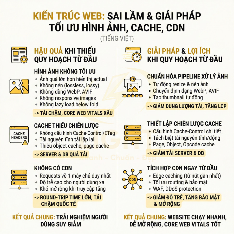 Infographic tiếng Việt về sai lầm và giải pháp tối ưu hình ảnh, cache, CDN trong kiến trúc web