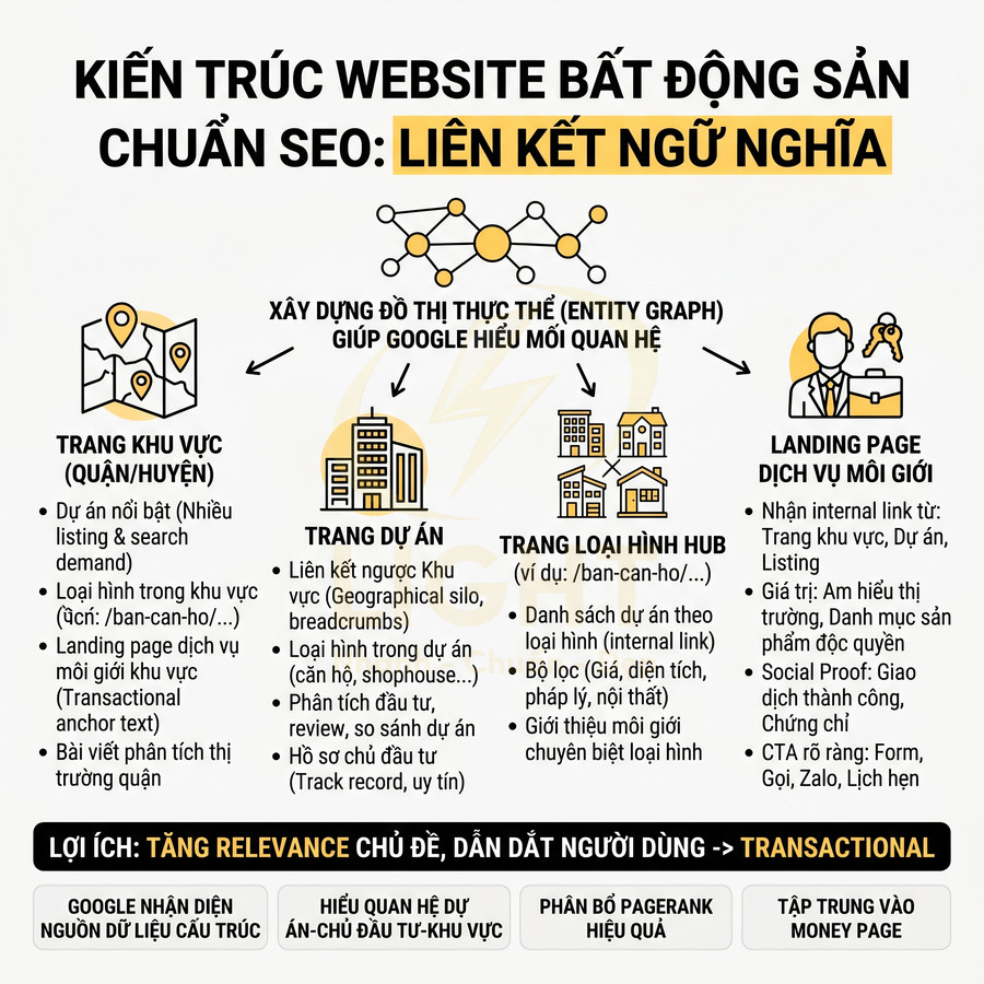 Sơ đồ kiến trúc website bất động sản chuẩn SEO với liên kết ngữ nghĩa giữa trang khu vực, dự án, loại hình và dịch vụ môi giới