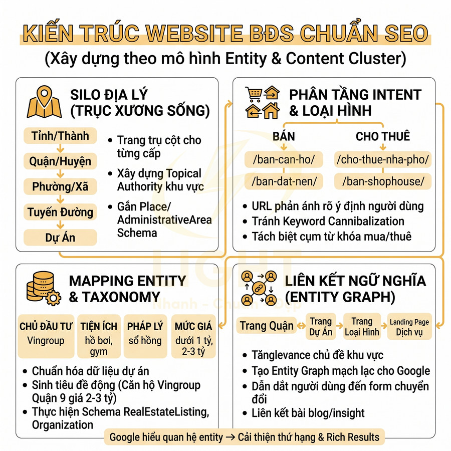 Kiến trúc website bất động sản chuẩn SEO theo mô hình entity, content cluster, silo địa lý và liên kết ngữ nghĩa