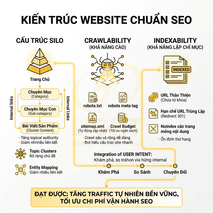 Sơ đồ kiến trúc website chuẩn SEO với cấu trúc silo, crawlability và indexability tối ưu traffic tự nhiên