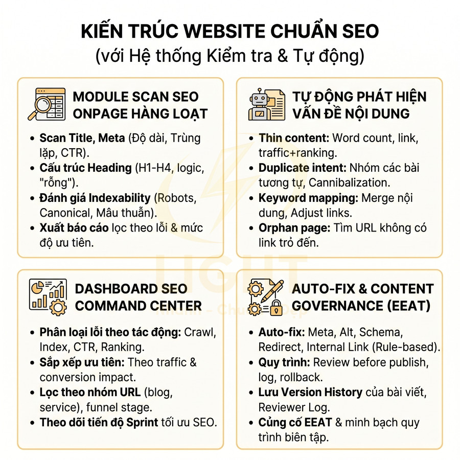 Kiến trúc website chuẩn SEO với hệ thống kiểm tra tự động, module scan onpage, dashboard SEO và auto fix nội dung