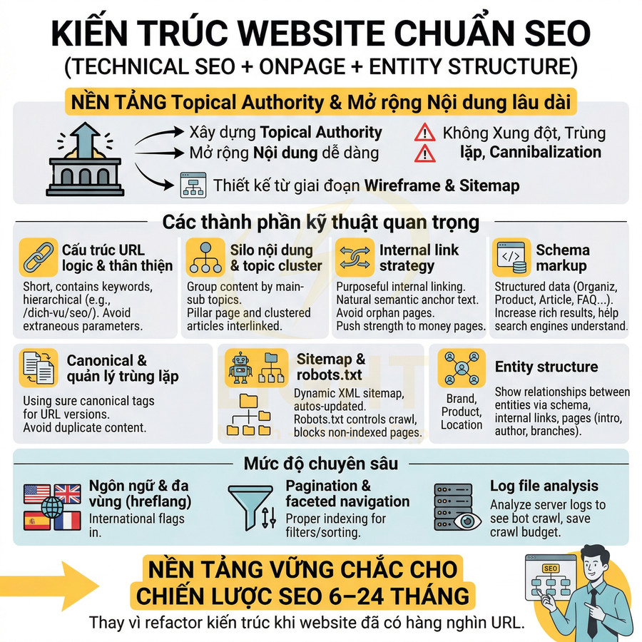 Infographic kiến trúc website chuẩn SEO với các yếu tố technical SEO, onpage, entity và chiến lược nội dung