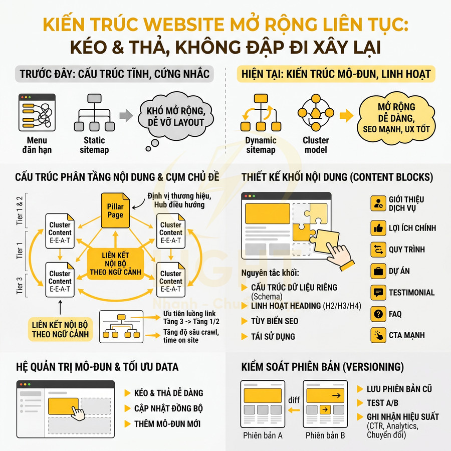 Infographic kiến trúc website mô đun mở rộng liên tục với sitemap động, cluster content và khối nội dung kéo thả tối ưu SEO