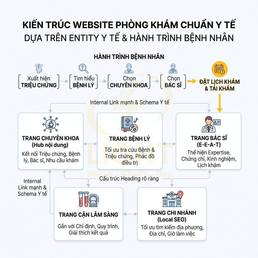 Sơ đồ kiến trúc website phòng khám chuẩn y tế dựa trên entity y tế và hành trình bệnh nhân