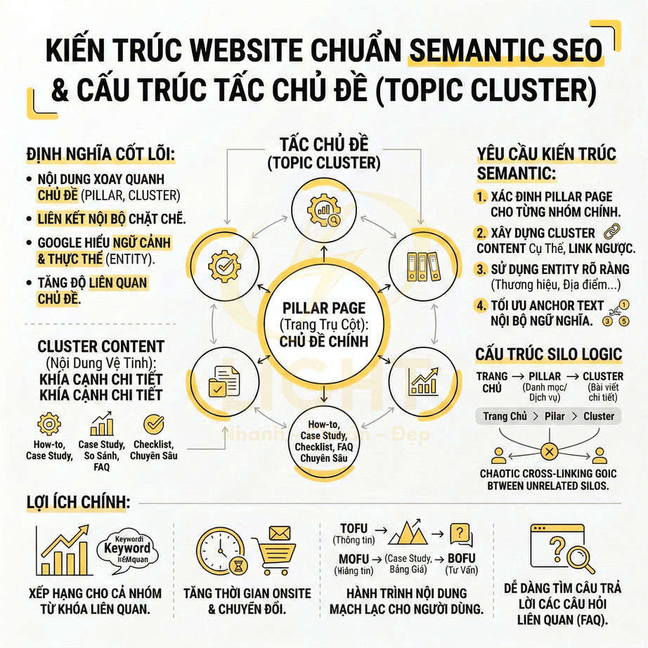 Infographic kiến trúc website chuẩn Semantic SEO và cấu trúc topic cluster với pillar page và cluster content