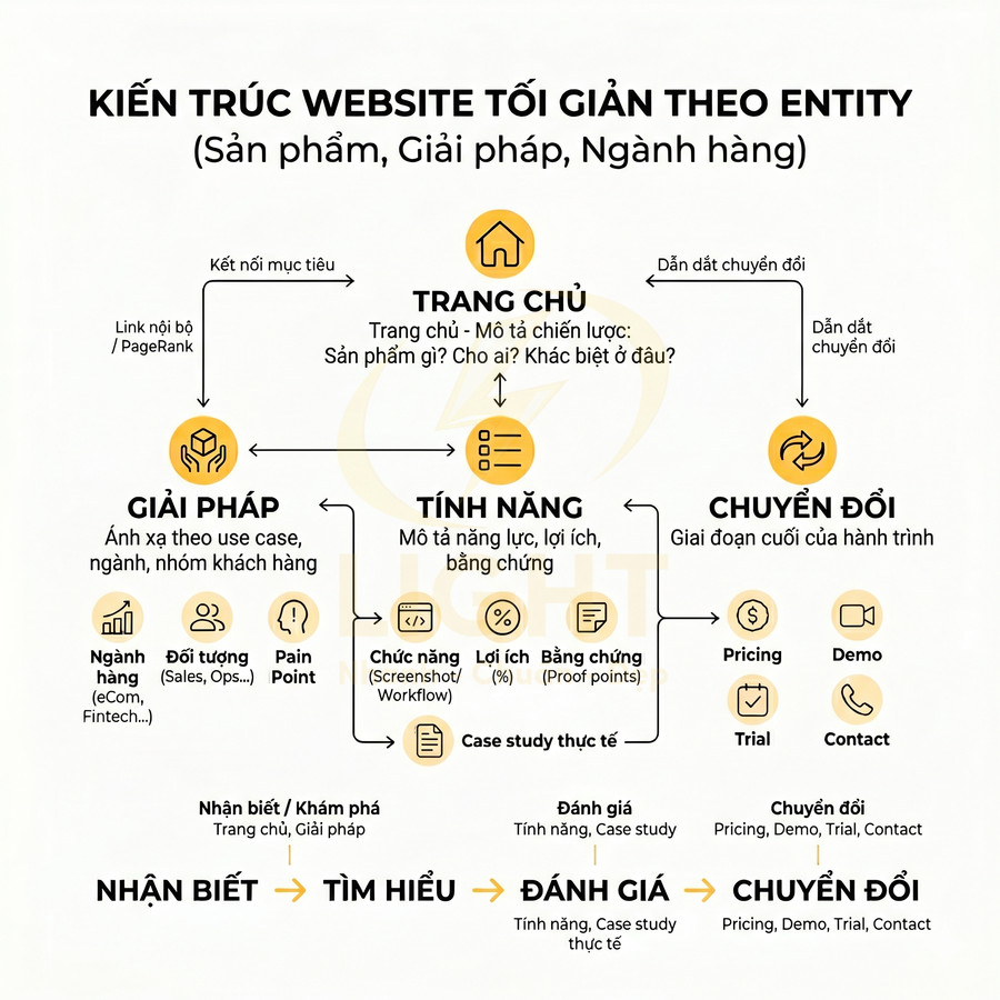 Sơ đồ kiến trúc website tối giản theo entity với các trang Trang chủ, Giải pháp, Tính năng và Chuyển đổi