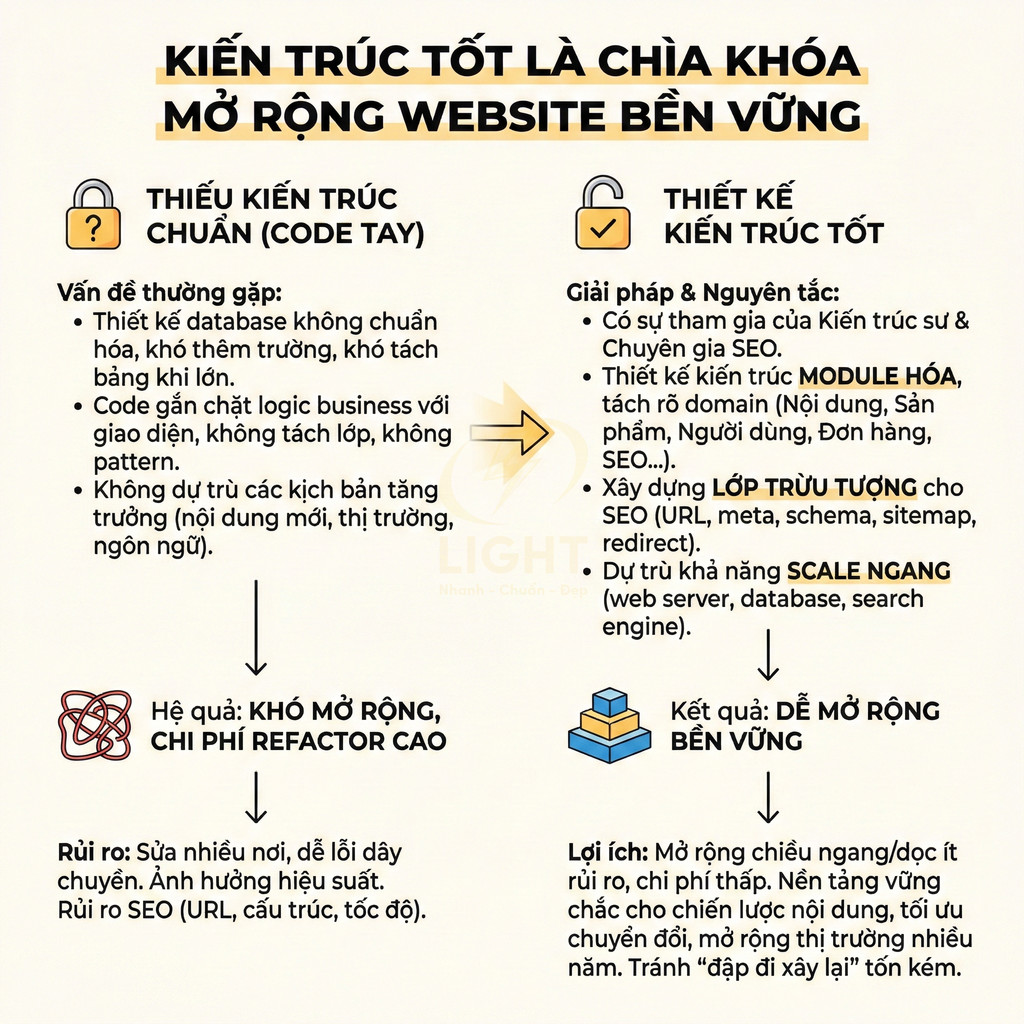 Infographic so sánh kiến trúc code tay và kiến trúc tốt giúp mở rộng website bền vững