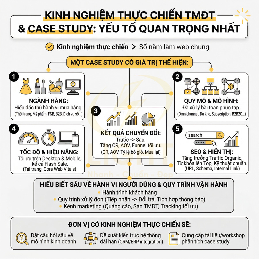 Infographic kinh nghiệm thực chiến TMĐT và case study tối ưu chuyển đổi, SEO, tốc độ và vận hành cho website bán hàng