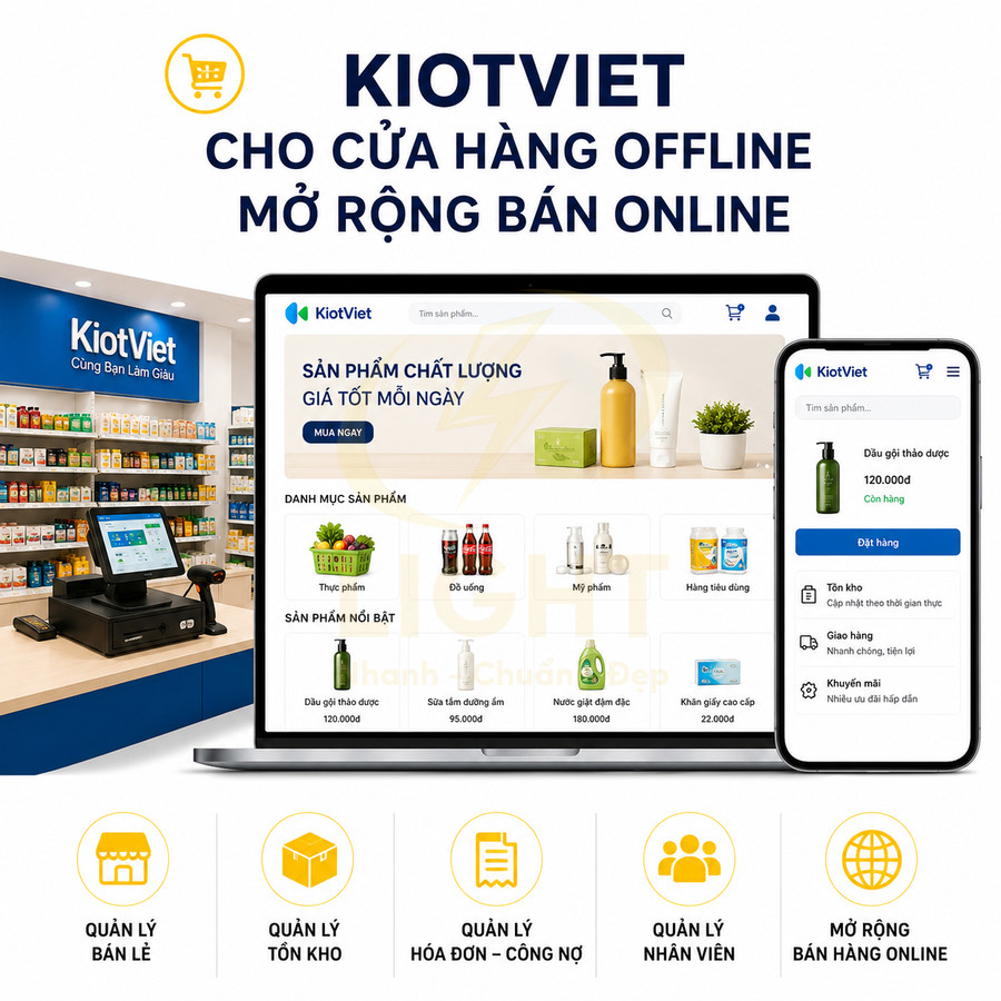 Phần mềm quản lý bán hàng KiotViet cho cửa hàng offline và mở rộng bán hàng online trên máy tính và điện thoại