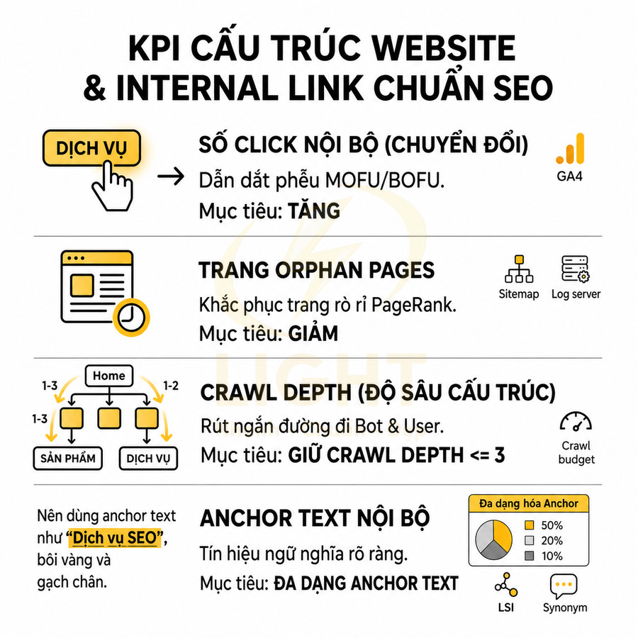 KPI cấu trúc website và internal link chuẩn SEO với chỉ số click nội bộ, orphan pages, crawl depth và anchor text nội bộ