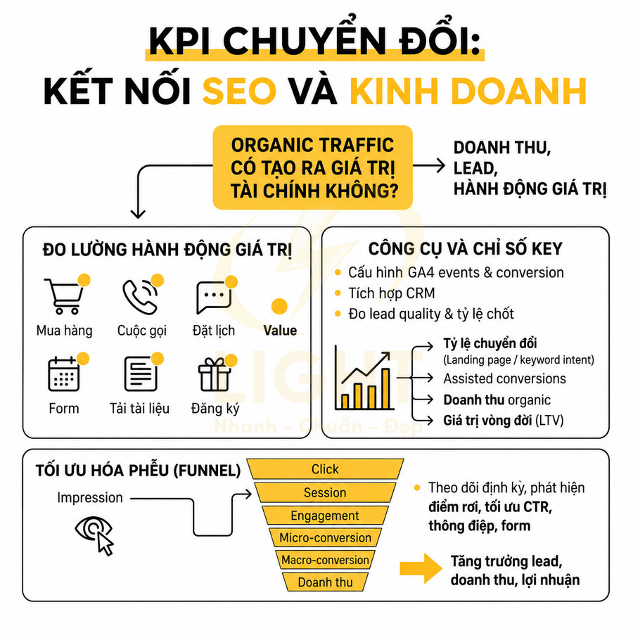 Infographic KPI chuyển đổi kết nối SEO và kinh doanh, đo lường hành động giá trị và tối ưu phễu tăng doanh thu