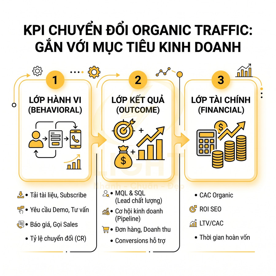 KPI chuyển đổi organic traffic gắn với mục tiêu kinh doanh qua 3 lớp hành vi kết quả và tài chính