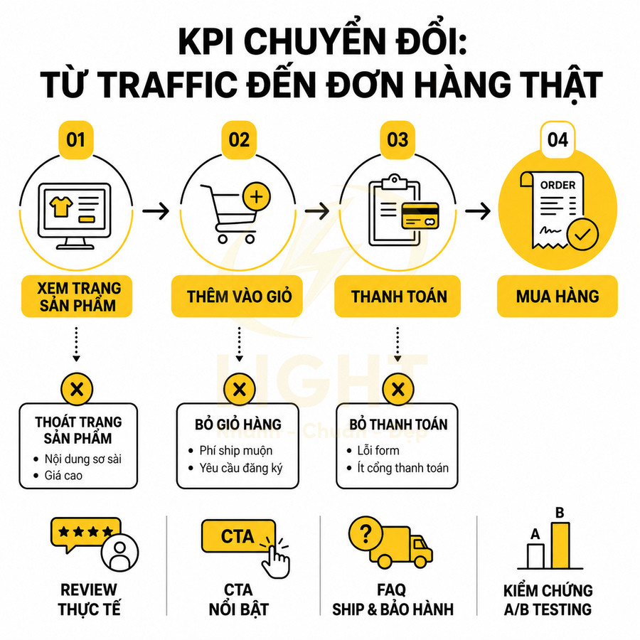 Infographic quy trình chuyển đổi đơn hàng ecommerce từ xem sản phẩm, thêm vào giỏ, thanh toán đến mua hàng