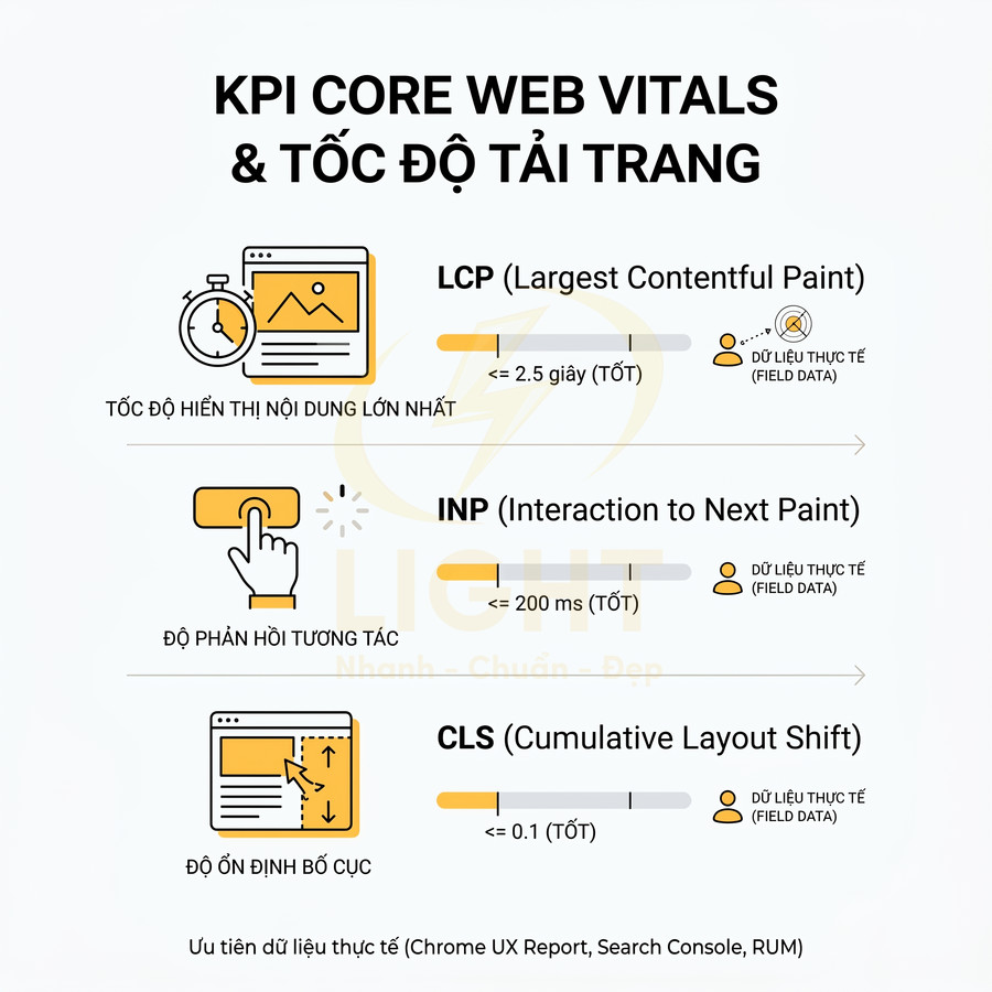 KPI Core Web Vitals và tốc độ tải trang với các chỉ số LCP INP CLS và ngưỡng đánh giá tốt