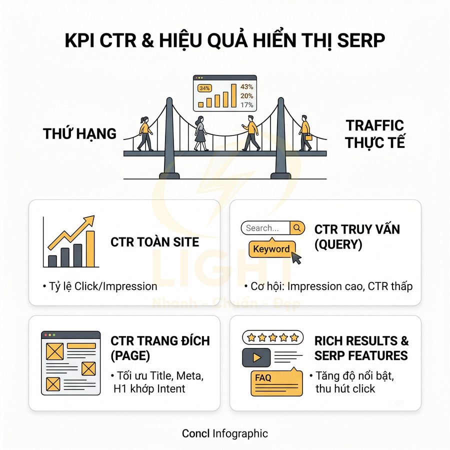 Infographic KPI CTR và hiệu quả hiển thị SERP với các chỉ số CTR toàn site, truy vấn, trang đích và rich results
