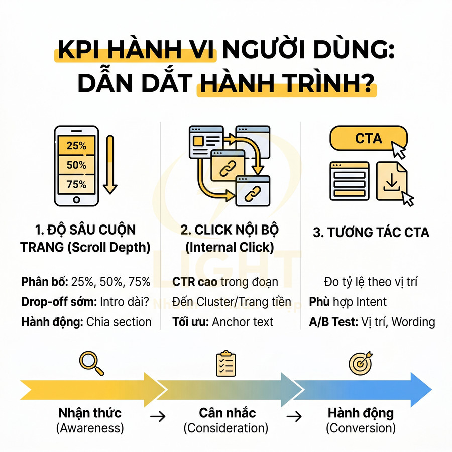 KPI hành vi người dùng với độ sâu cuộn trang, click nội bộ và tương tác CTA theo hành trình nhận thức đến hành động