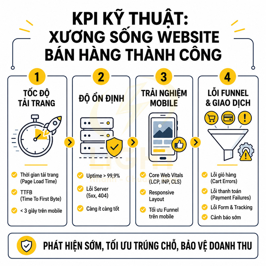 Infographic KPI kỹ thuật website bán hàng với 4 nhóm chỉ số tốc độ, ổn định, mobile và lỗi giao dịch