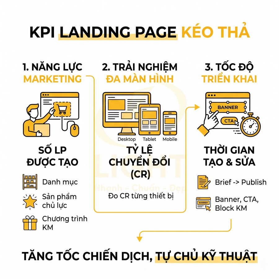 KPI landing page kéo thả với năng lực marketing, trải nghiệm đa màn hình và tốc độ triển khai chiến dịch