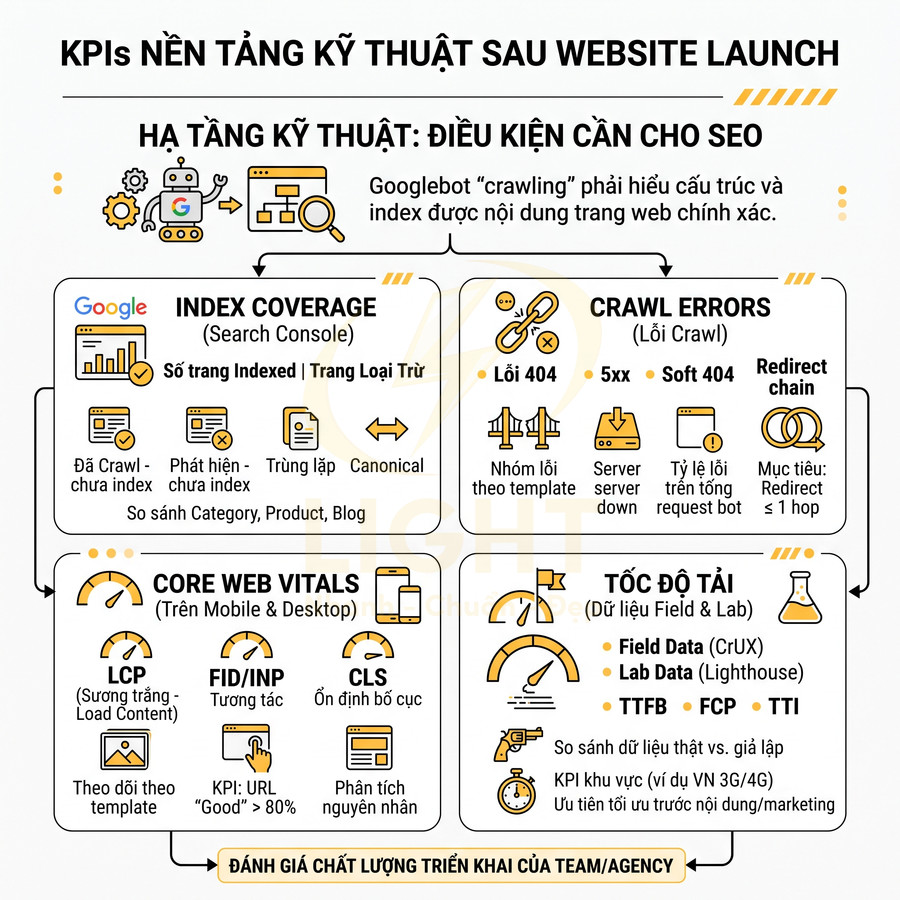 Infographic KPIs nền tảng kỹ thuật SEO sau khi launch website với các chỉ số index, crawl errors, core web vitals và tốc độ tải