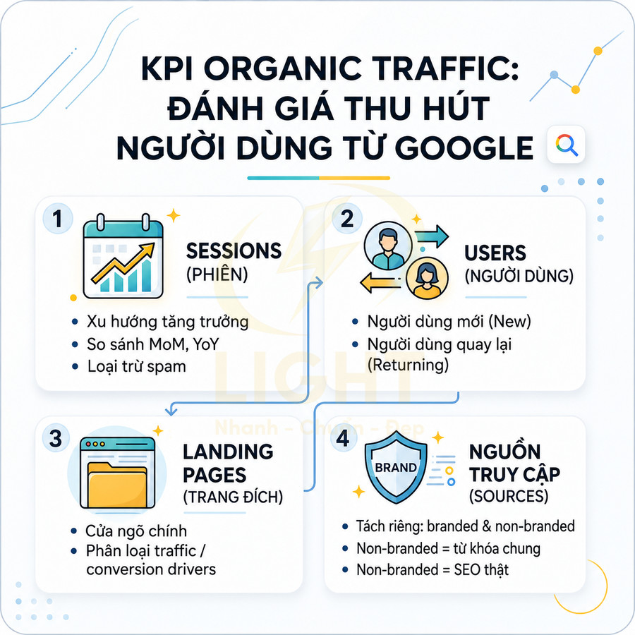 KPI organic traffic đánh giá thu hút người dùng từ Google với 4 chỉ số sessions users landing pages nguồn truy cập