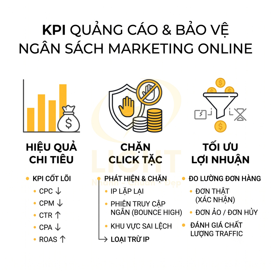 KPI quảng cáo online với các mục tiêu hiệu quả chi tiêu, chặn click tặc và tối ưu lợi nhuận marketing