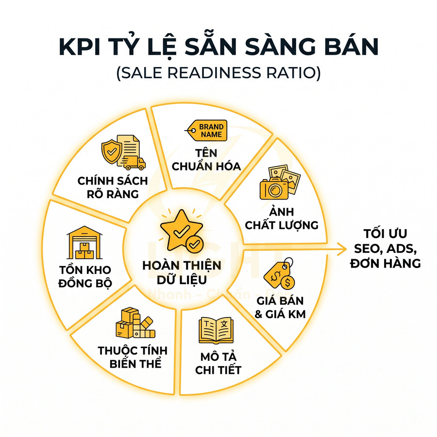 Sơ đồ KPI tỷ lệ sẵn sàng bán với các yếu tố hoàn thiện dữ liệu sản phẩm để tối ưu SEO và đơn hàng