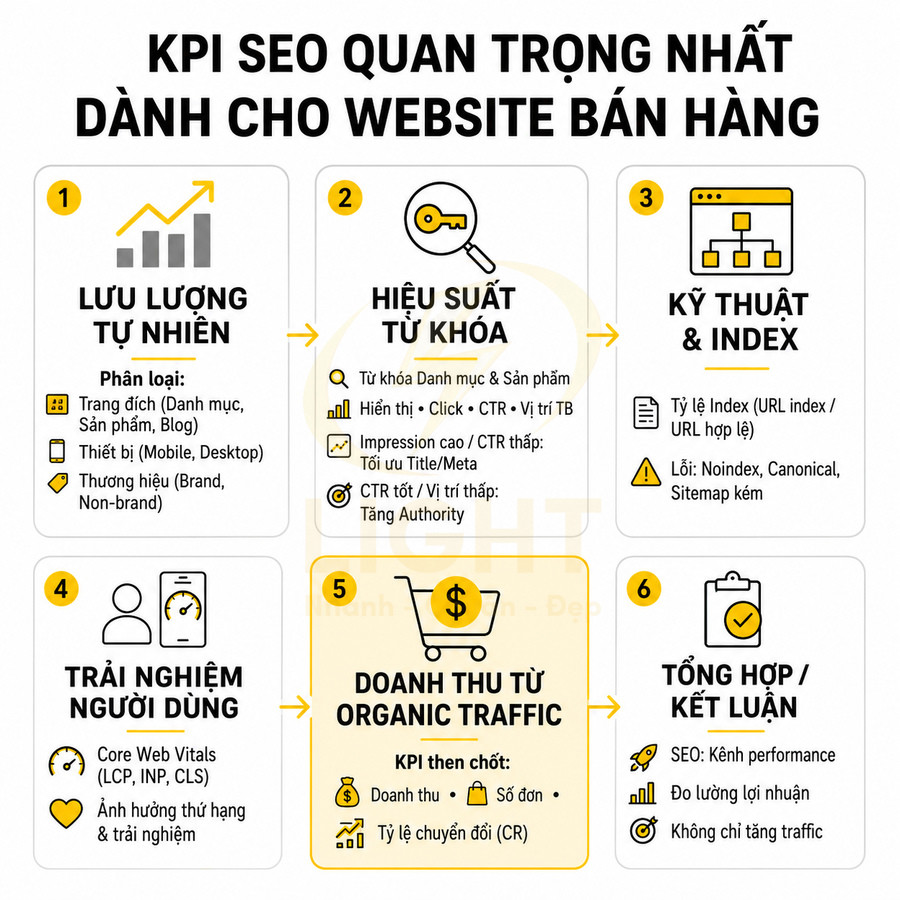 Infographic các KPI SEO quan trọng cho website bán hàng tập trung vào lưu lượng, từ khóa, kỹ thuật và doanh thu
