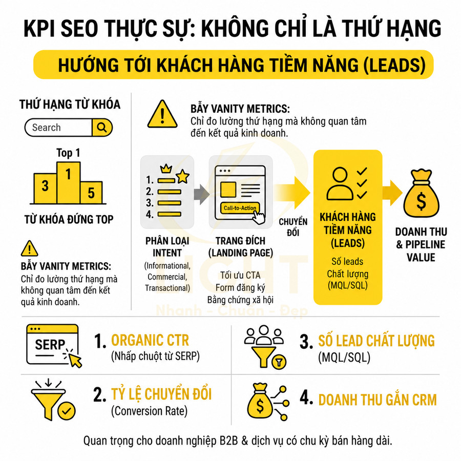 Infographic KPI SEO tập trung vào khách hàng tiềm năng, tránh vanity metrics và đo lường CTR, chuyển đổi, lead, doanh thu