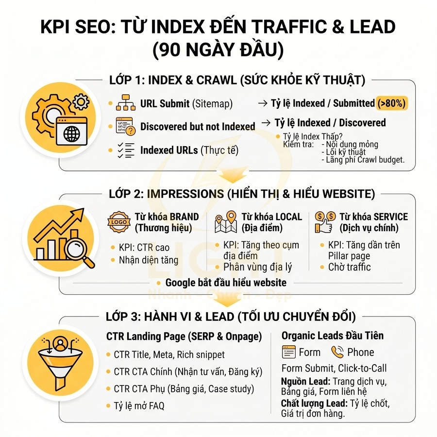 Infographic KPI SEO 90 ngày đầu từ index đến traffic và lead với 3 lớp: kỹ thuật, hiển thị và chuyển đổi