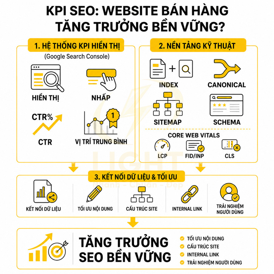 Infographic KPI SEO cho website bán hàng với hệ thống hiển thị, nền tảng kỹ thuật và kết nối dữ liệu tối ưu