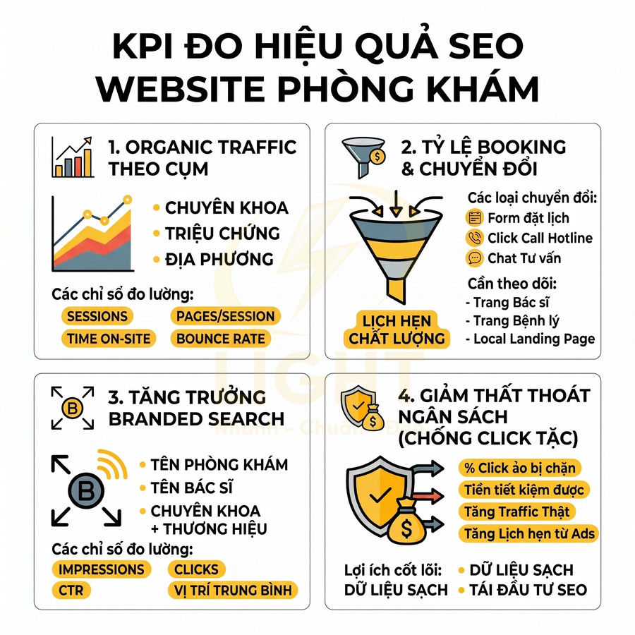 Infographic KPI đo hiệu quả SEO website phòng khám với 4 nhóm chỉ số và lợi ích chính
