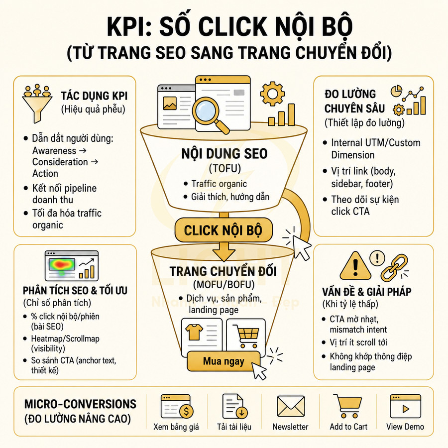 Infographic quy trình tối ưu KPI số click nội bộ từ nội dung SEO đến trang chuyển đổi và micro conversions