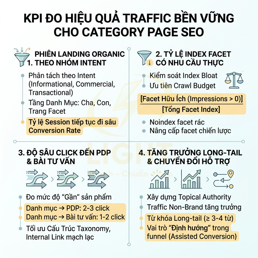 KPI đo hiệu quả traffic bền vững cho category page SEO với 4 nhóm chỉ số và hướng tối ưu chi tiết