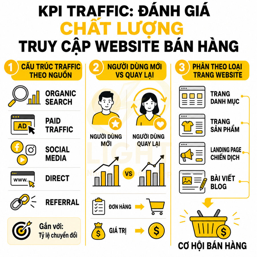Infographic KPI traffic đánh giá chất lượng truy cập website bán hàng theo nguồn, loại trang và người dùng