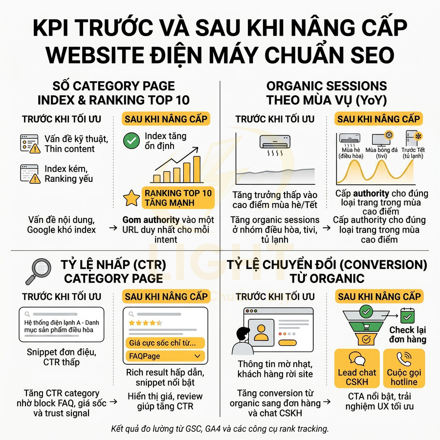 Infographic KPI trước và sau khi nâng cấp website điện máy chuẩn SEO với số liệu index, CTR và chuyển đổi organic