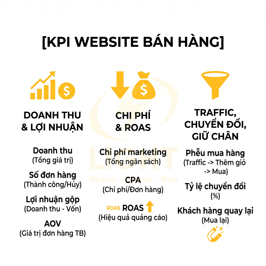 Các chỉ số KPI quan trọng cho website bán hàng về doanh thu lợi nhuận chi phí ROAS và traffic chuyển đổi