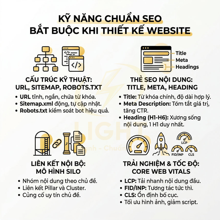 Kỹ năng chuẩn SEO khi thiết kế website với cấu trúc kỹ thuật, nội dung, liên kết nội bộ và Core Web Vitals