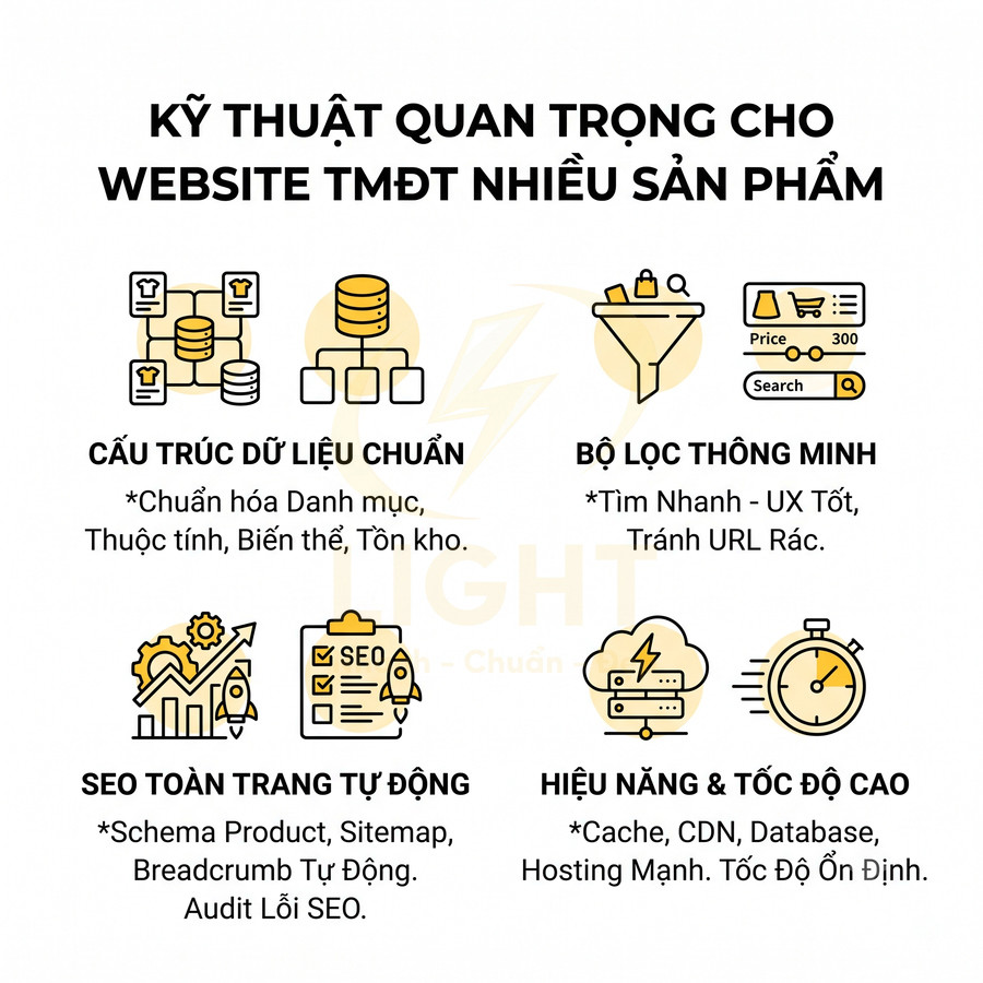 Kỹ thuật quan trọng cho website TMĐT nhiều sản phẩm: cấu trúc dữ liệu, bộ lọc, SEO tự động, hiệu năng và tốc độ cao