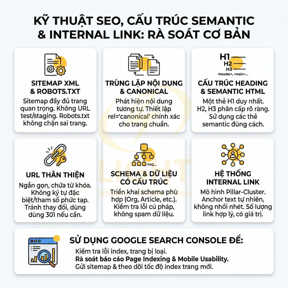Checklist kỹ thuật SEO cơ bản về sitemap, canonical, heading, URL thân thiện, schema, internal link và Google Search Console