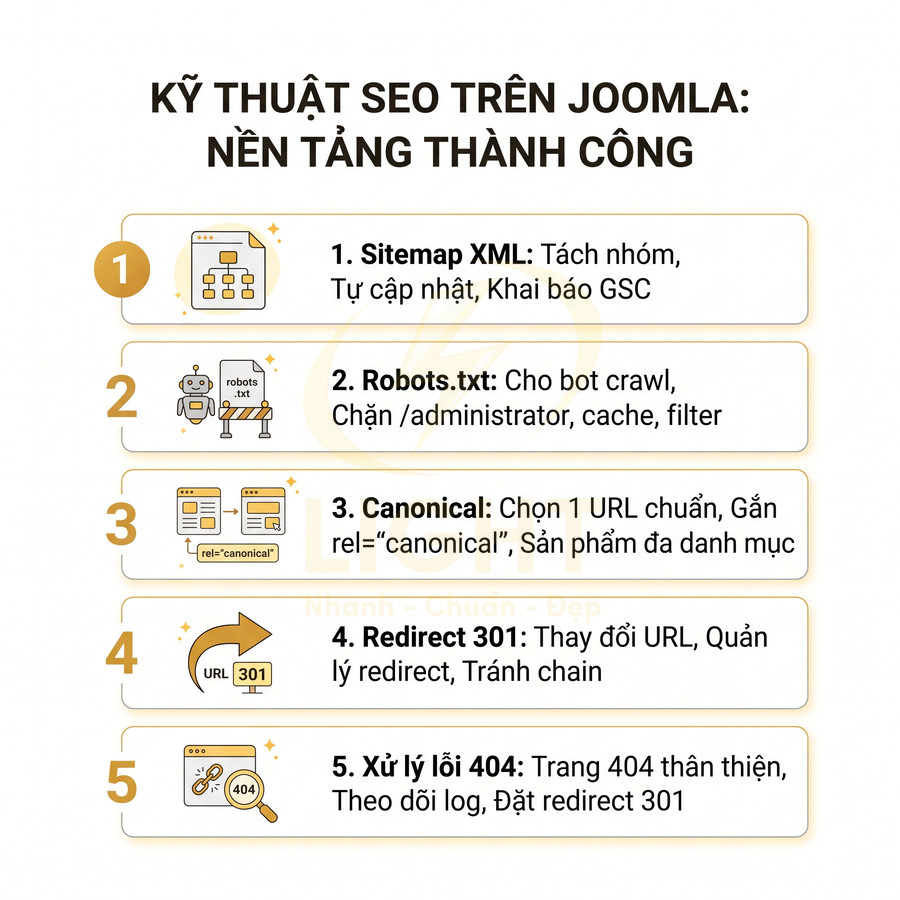 Kỹ thuật SEO trên Joomla với 5 bước tối ưu sitemap, robots txt, canonical, redirect 301 và xử lý lỗi 404