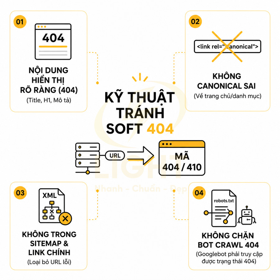 Kỹ thuật tránh lỗi soft 404 trong SEO với nội dung 404 rõ ràng, canonical đúng, loại URL lỗi khỏi sitemap và cho bot crawl