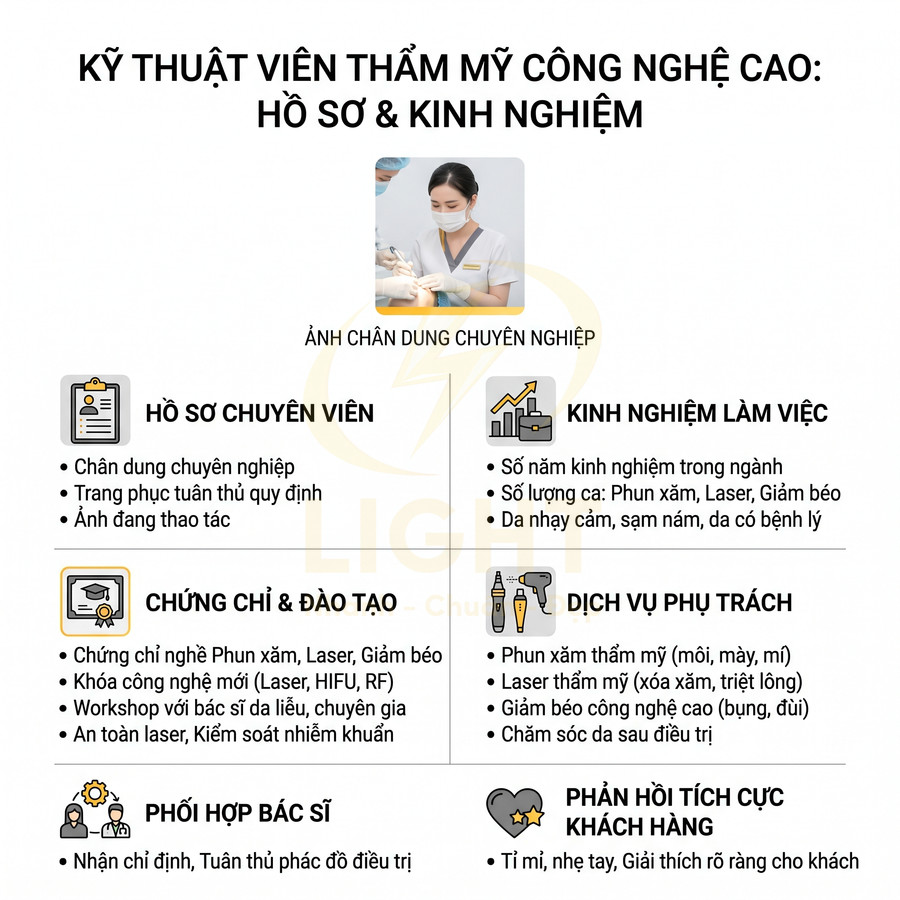Infographic tiêu chí hồ sơ và kinh nghiệm kỹ thuật viên thẩm mỹ công nghệ cao, dịch vụ phun xăm, laser, giảm béo