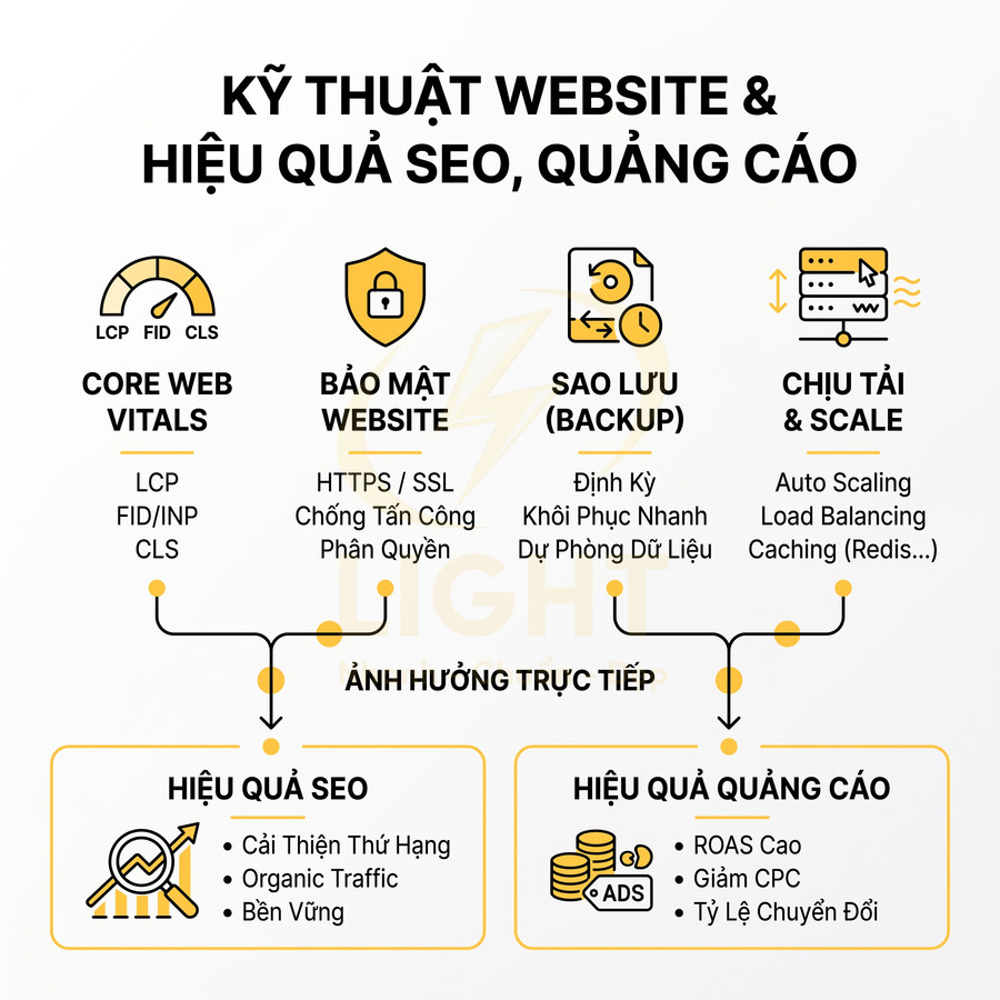 Kỹ thuật website ảnh hưởng trực tiếp đến hiệu quả SEO và quảng cáo với core web vitals, bảo mật, sao lưu, chịu tải