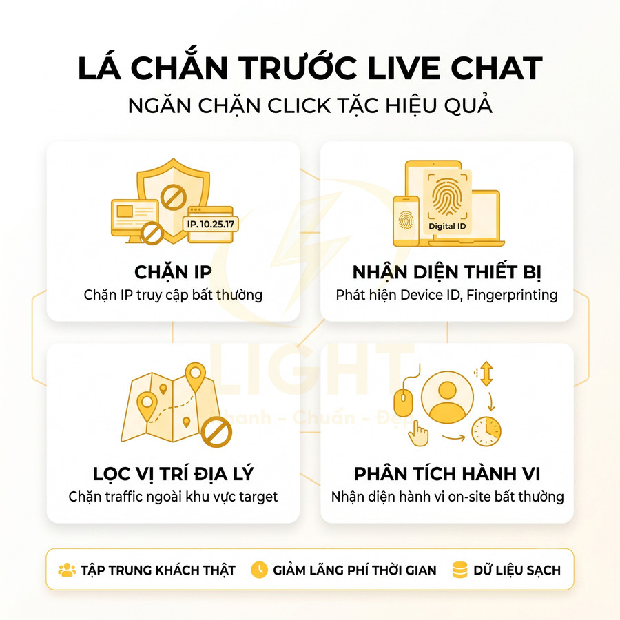 Giải pháp lá chắn trước live chat chặn click tặc với chặn IP, nhận diện thiết bị, lọc vị trí và phân tích hành vi