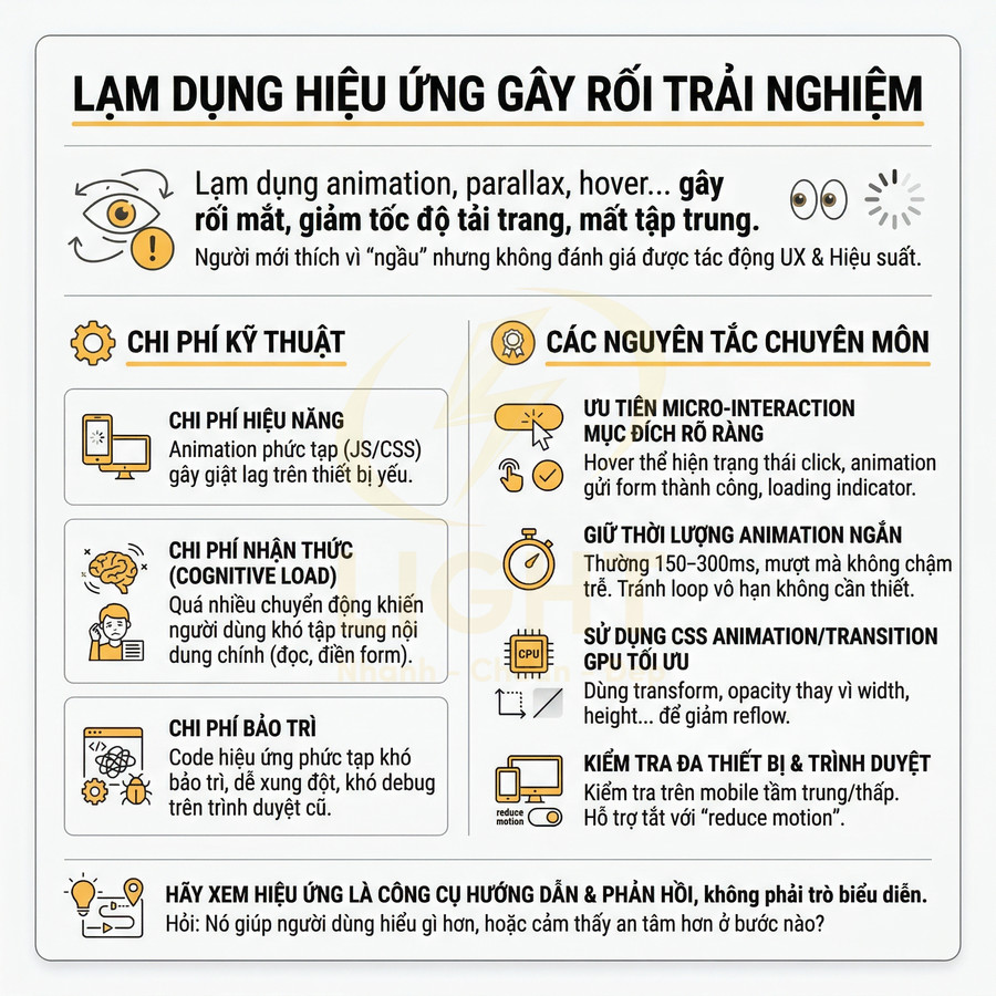 Infographic tiếng Việt về lạm dụng hiệu ứng animation trong UX và nguyên tắc tối ưu trải nghiệm người dùng