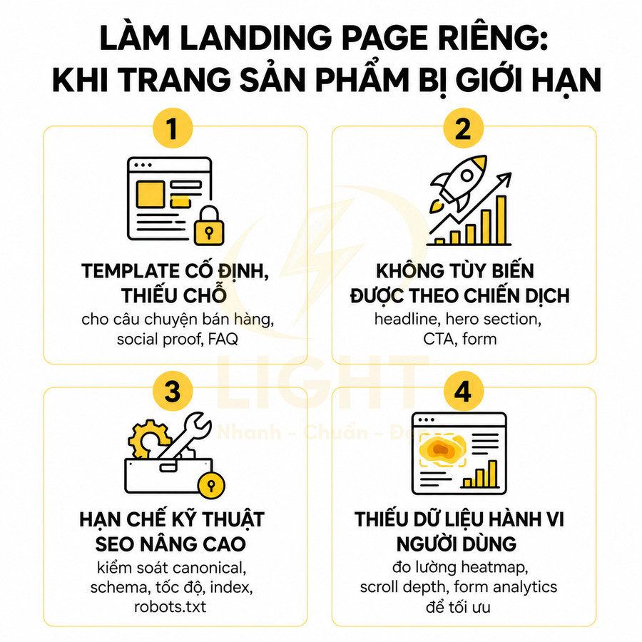 Infographic nêu 4 lý do nên làm landing page riêng khi trang sản phẩm bị giới hạn trong marketing online