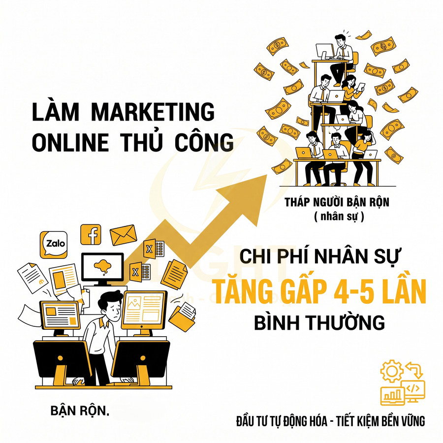 Minh họa làm marketing online thủ công khiến nhân sự bận rộn, chi phí tăng gấp 4 5 lần so với tự động hóa