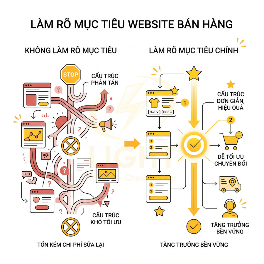 So sánh website bán hàng không làm rõ mục tiêu và làm rõ mục tiêu để tối ưu chuyển đổi, tăng trưởng bền vững